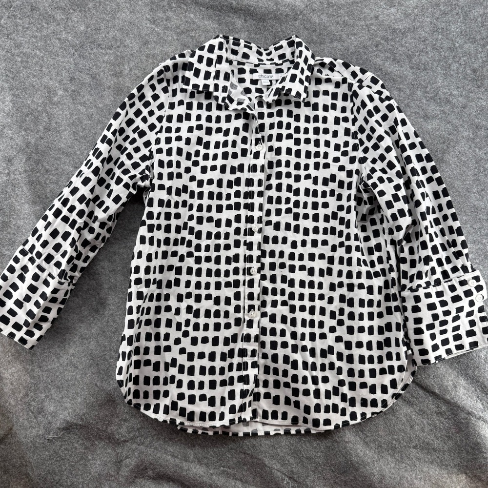 Chico's Button Down Shirt‎ Women 1 US 8 White Black Geometric Block Print